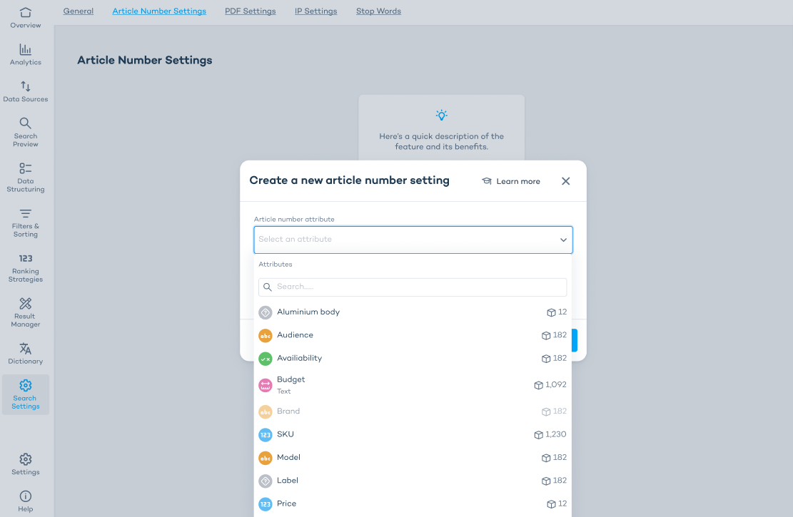 Article number settings