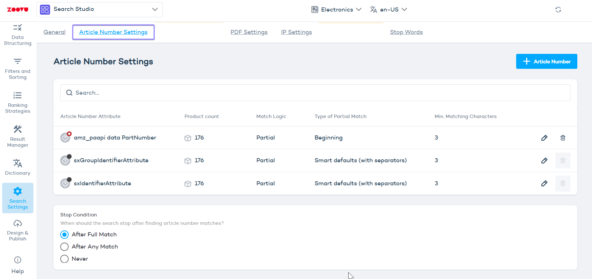 Article number settings