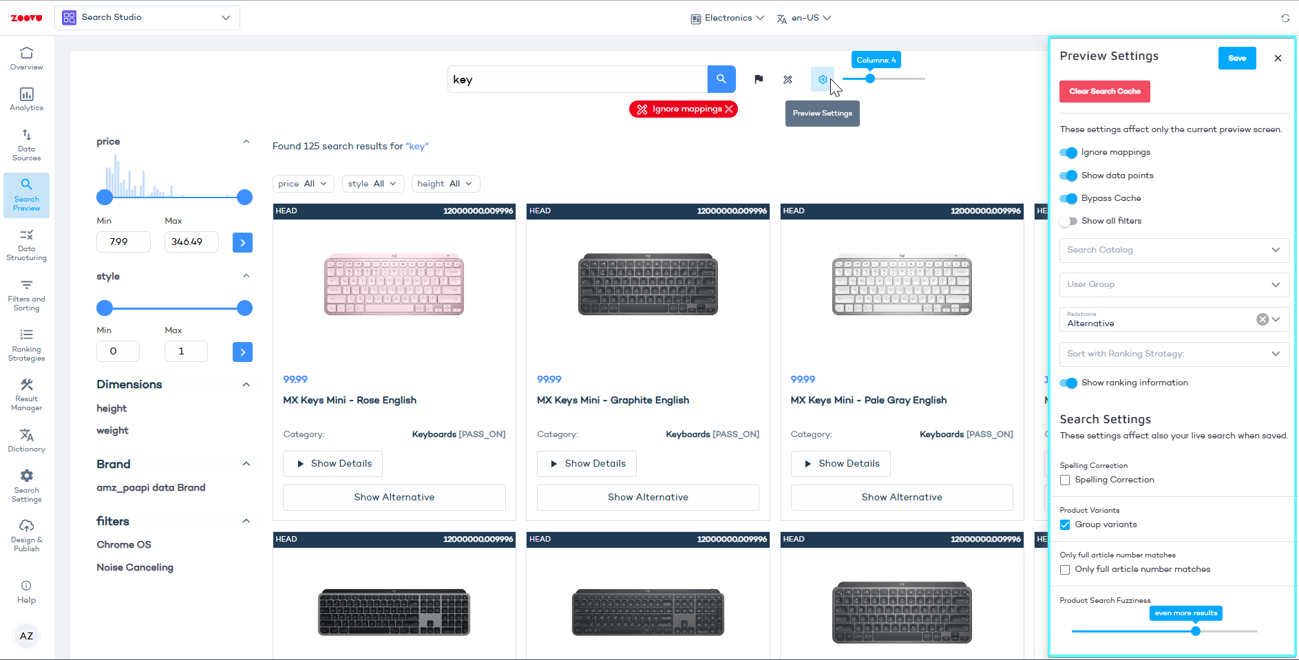 Search preview settings