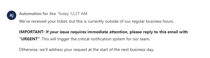 After-hours auto-reply asking to reply with URGENT
