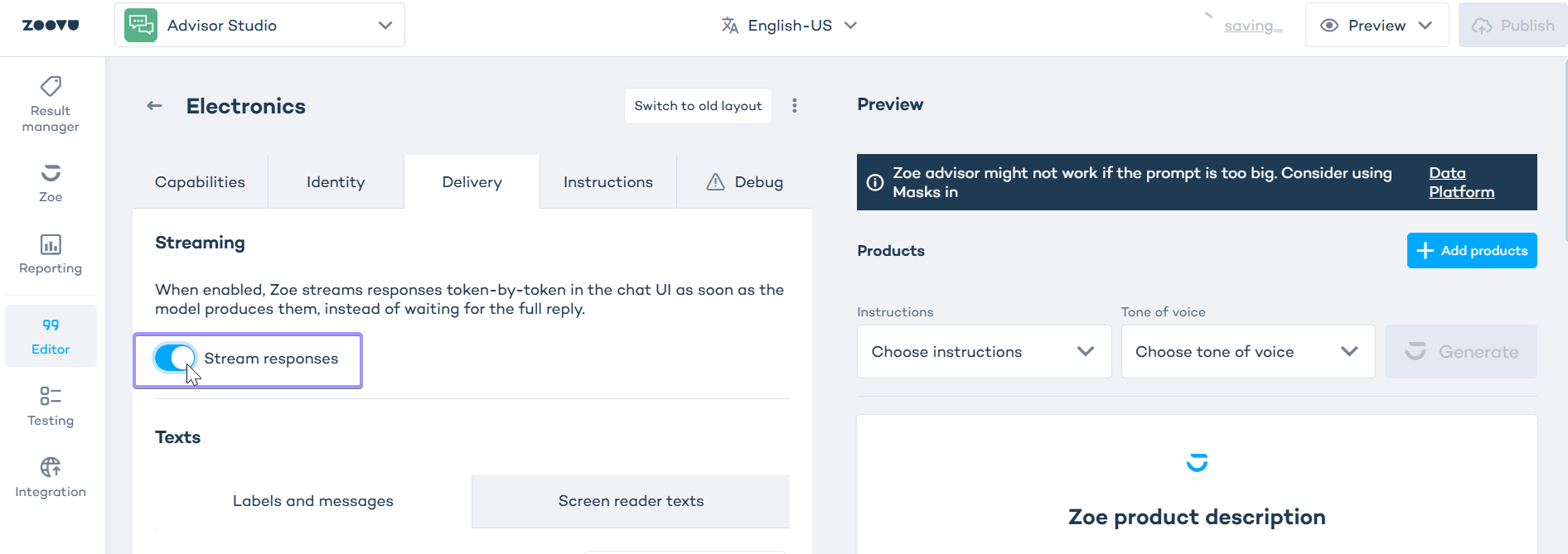 Stream delivery toggle